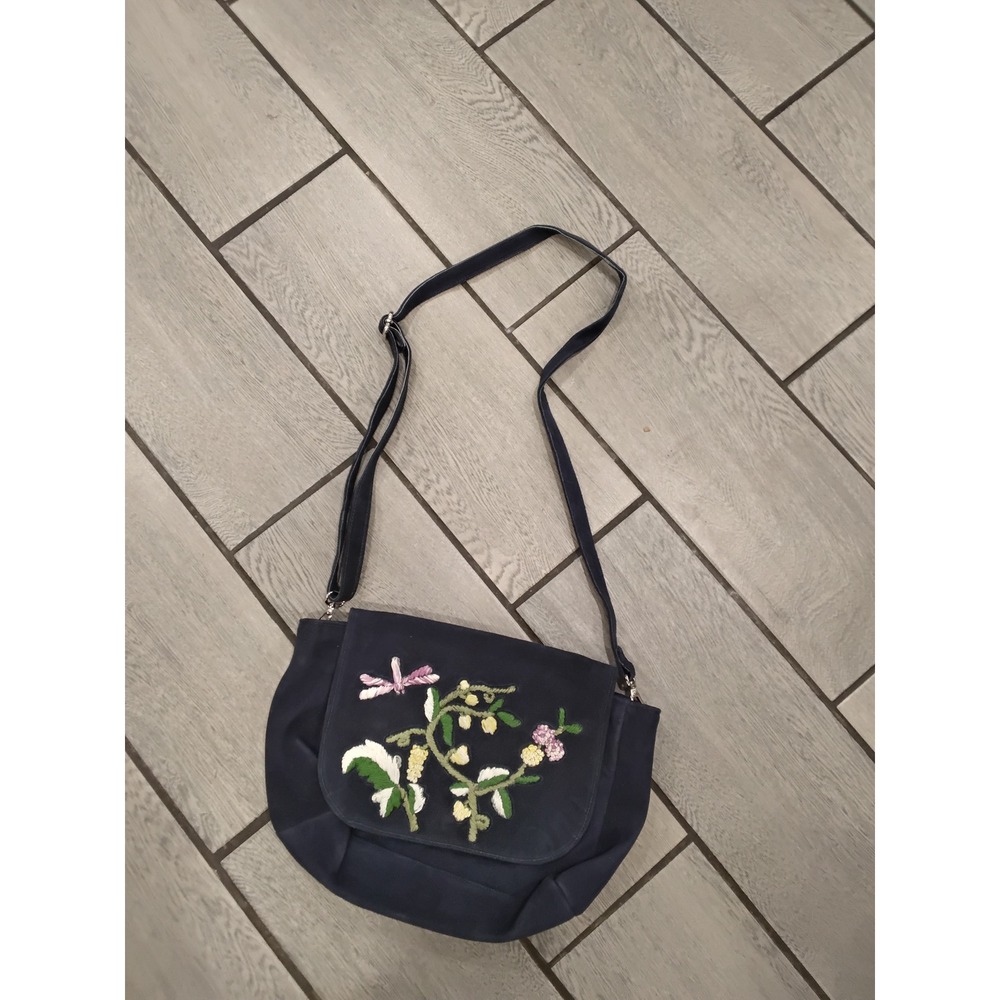 Raj LA Navy Blue Suede Embroidered‎ Dragonfly Floral Crossbody Bag